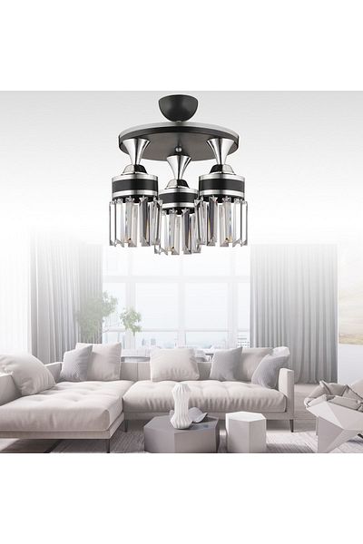 SONSUZ AYDINLATMA&AVİZE Tokyo 3-Piece Black Plafone, Crystal Stone, Chrome Strip, Cylinder Downward Facing Luxury Chandelier