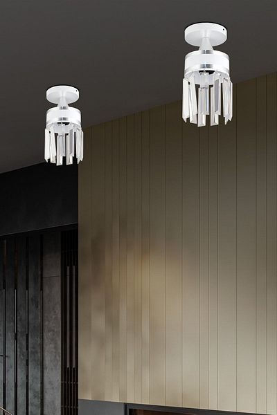 Docklight Single Tokyo White Plafonier Crystal Stone Chrome Striped Cylinder Downward Facing Luxury Chandelier