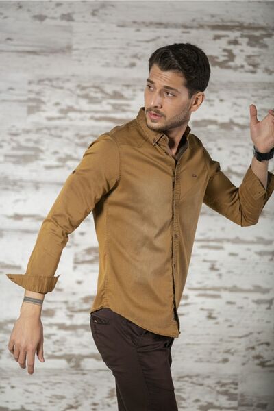 BAYEFENDİ Likralı Slim Fit Hardal Kot Gömlek