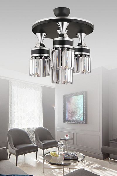 SONSUZ AYDINLATMA&AVİZE Tokyo 4-Piece Black Plafone, Crystal Stone, Chrome Strip, Cylinder Downward Facing Luxury Chandelier
