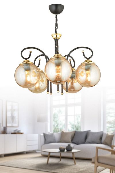SONSUZ AYDINLATMA&AVİZE Black Azra 5-Piece Honey Globe Glass Downward Facing Luxury Chandelier