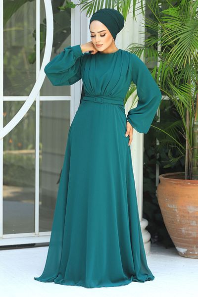 Neva Style Green Belted Hijab Evening Dress - 5422y