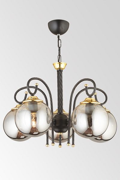 SONSUZ AYDINLATMA&AVİZE Black Azra 5-Piece Smoked Globe Glass Downward Facing Luxury Chandelier