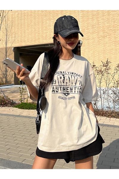 DAXİS Sportwear Company Women's Vintage Crew Neck Oversize T-shirt - Raw Printed