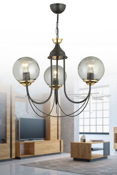 SONSUZ AYDINLATMA&AVİZE Black Poppy 3-Piece Smoked Ball Glass Luxury Up-Facing Crystal Stone Chandelier