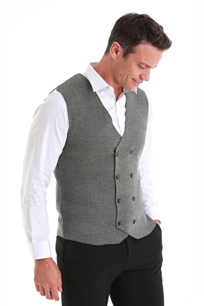 Hatemoğlu Gri Regular Fit Düz Kruvaze Triko Yelek