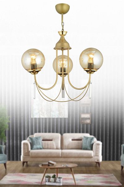 SONSUZ AYDINLATMA&AVİZE Antique Poppy 3-Piece Honey Ball Glass Luxury Up-Facing Crystal Stone Chandelier
