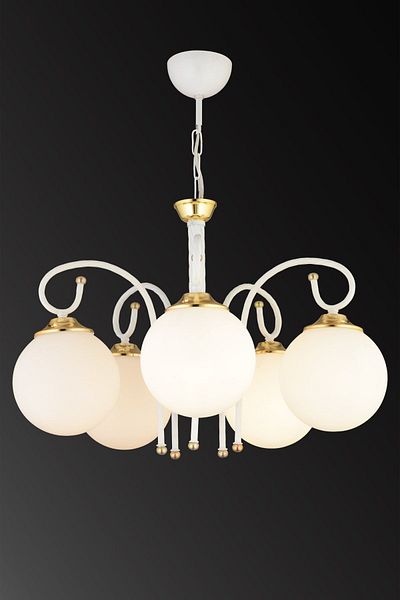 SONSUZ AYDINLATMA&AVİZE White Azra 5-Piece White Globe Glass Downward Facing Luxury Chandelier