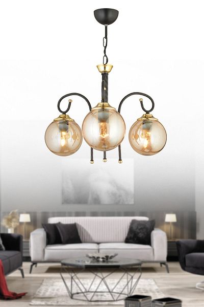 SONSUZ AYDINLATMA&AVİZE Black Azra 3-Piece Bal Globe Glass Downward Facing Luxury Chandelier