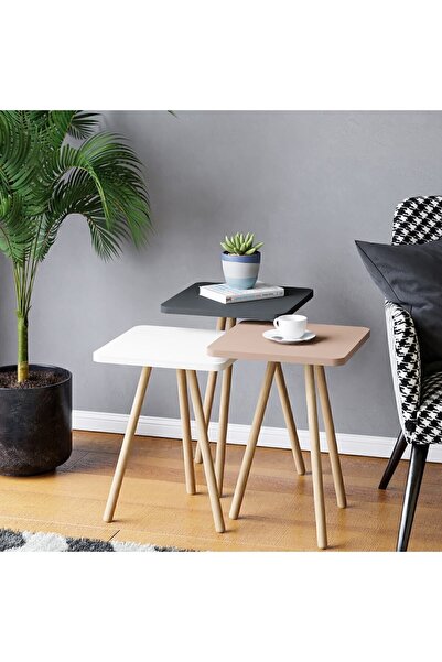 interGO Renkli Üçlü Zigon Sehpa Ahşap Ayaklı Kare Pastel Tasarım Gri Beyaz Cappuccino