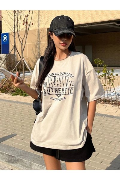 DAXİS Sportwear Company Kadın Original Vintage Raw Baskılı Oversize Bisiklet Yaka T-shirt