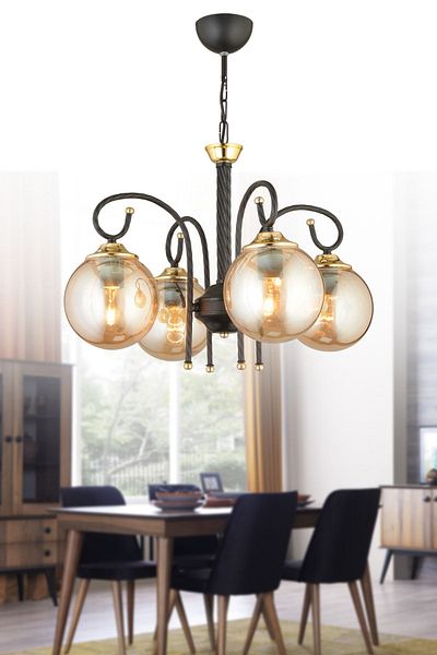 SONSUZ AYDINLATMA&AVİZE Black Azra 4-Piece Honey Globe Glass Downward Facing Luxury Chandelier