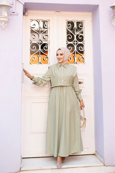 Tesettür Diyarı Water Green Lizza Υφασμάτινο Διπλό Φόρεμα Hijab - Λεπτομέρεια Cepken, Ύψος: 135cm