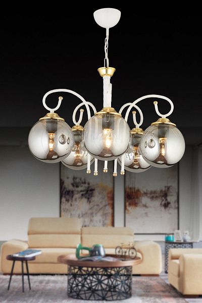 SONSUZ AYDINLATMA&AVİZE White Azra 5-Piece Smoked Globe Glass Downward Facing Luxury Chandelier