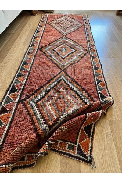 DesignEv 77x255 cm Geometrik Desenli Turuncu Renkli Koridor Halısı El Dokuma ...