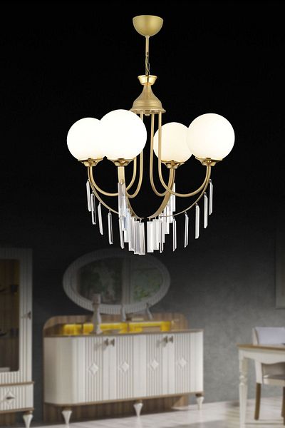 SONSUZ AYDINLATMA&AVİZE Antique Waterfall 4-Piece White Ball Glass Luxury Upward Facing Crystal Stone Chandelier