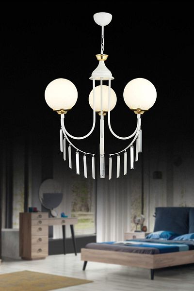 SONSUZ AYDINLATMA&AVİZE White Waterfall 3-Piece White Ball Glass Luxury Up-Facing Crystal Stone Chandelier