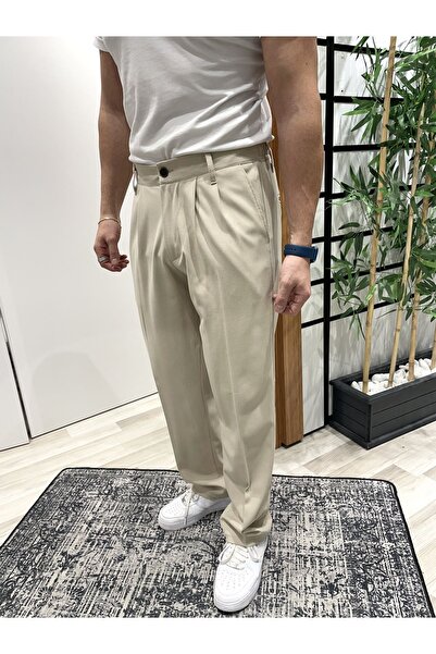UTTBASİC Bej Pileli Baggy Kumaş Pantolon Pl12