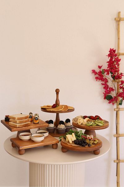 justwood 5-Piece 2-Tier Cake Stand, 25 Cm Cake Holder, 25 Cm Risus, 17x25 Risus, 25x25 Pyramid Wooden Dowry Set
