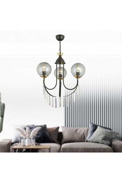 SONSUZ AYDINLATMA&AVİZE Black Waterfall 3-Piece Smoked Ball Glass Luxury Upward-Facing Crystal Stone Chandelier
