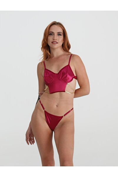 LEILA LINGERIE Kadın Gold Detay Saten Büstiyer Takım Vişne
