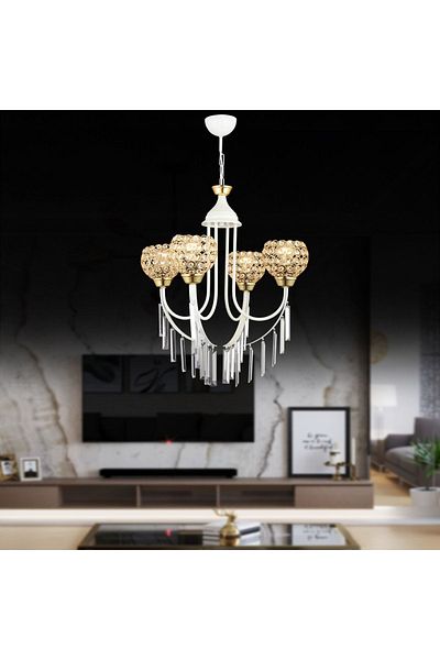 SONSUZ AYDINLATMA&AVİZE White Waterfall 4-Piece Optigon Head Luxury Up-Facing Crystal Stone Chandelier