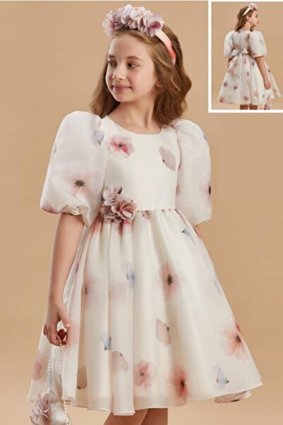 SIRRI Rochie crem cu mâneci cu balon din organza cu imprimeu floral - 3-9 ani...