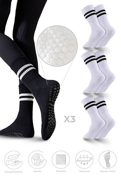 SAYSEZ Pilates Yoga Fitness Tennis Socks - Bamboo Women, Λευκό, Αντιολισθητική σόλα, Εκτύπωση σιλικόνης, Σετ 3