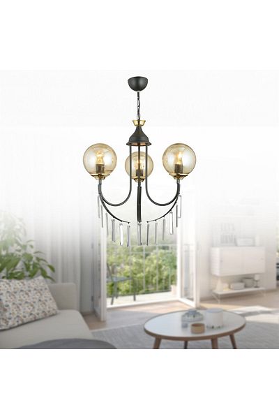 SONSUZ AYDINLATMA&AVİZE Black Waterfall 3-Piece Honey Ball Glass Luxury Up-Facing Crystal Stone Chandelier