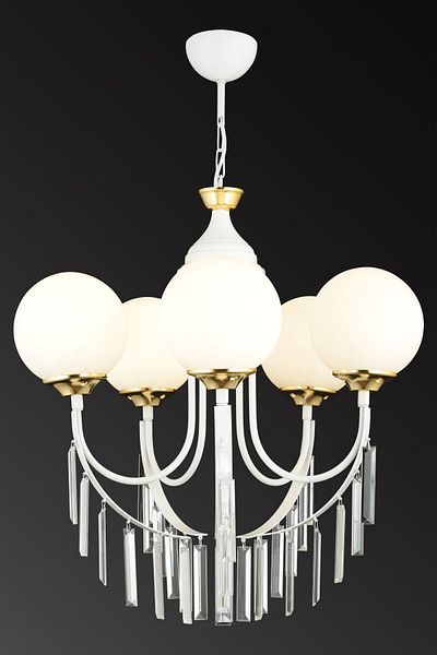 SONSUZ AYDINLATMA&AVİZE White Waterfall 5-Piece White Ball Glass Luxury Upward-Facing Crystal Stone Chandelier
