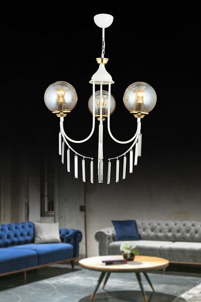 SONSUZ AYDINLATMA&AVİZE White Waterfall 3-Piece Honey Ball Glass Luxury Upward-Facing Crystal Stone Chandelier