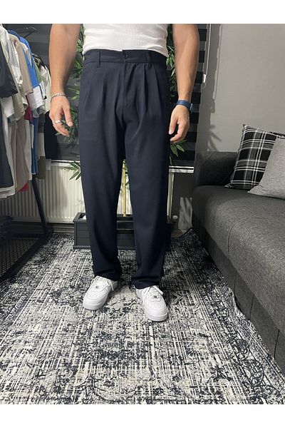 UTTBASİC Navy Blue Baggy Pleated Jeans