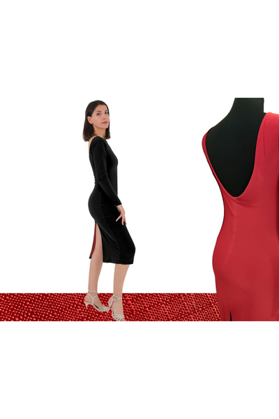 Due Stelle Uzun Kollu Çift Taraflı Tango Elbisesi Kırmızı - Siyah