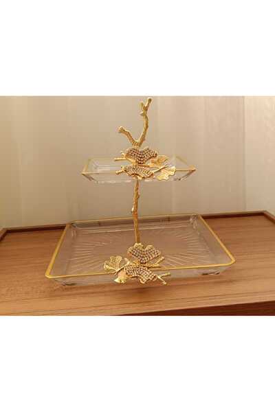 Elta Collection 2 Katlı Döküm Aksesuarlı Yaldız Detaylı Kare Servis Tabağı Sunumluk Kurabiyelik