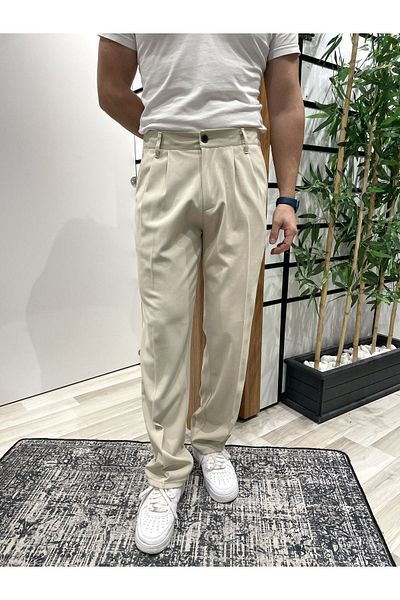 UTTBASİC Μπεζ φαρδύ υφασμάτινο παντελόνι - Pl12 Model Pleated