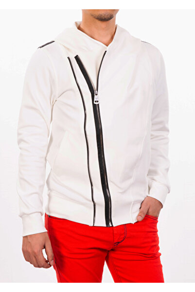 Mondo Krem Kapüşonlu Çapraz Fermuarlı Hırka