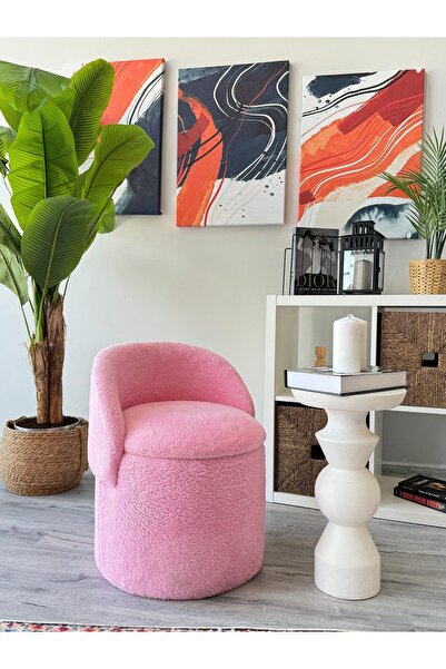 WEBPANYA X Large Fuşya Tedy Kumaş Sandıklı Silindir Dekoratif Katlanabilir Berjer Puf Orta Sehpa