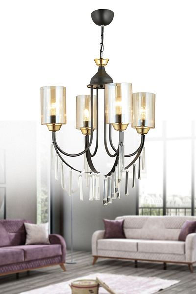 SONSUZ AYDINLATMA&AVİZE Black Waterfall 4-Plus Pipe Glass Luxury Up-Facing Crystal Stone Chandelier