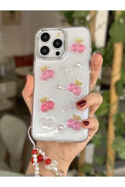Paladyum Case iPhone 14 Promax Uyumlu Kirazlı Simli Boncuklu Şeffaf Kılıf