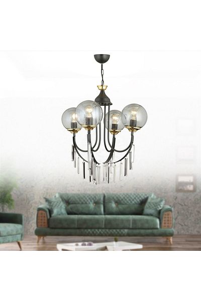SONSUZ AYDINLATMA&AVİZE Black Waterfall 4-Piece Smoked Ball Glass Luxury Upward-Facing Crystal Stone Chandelier