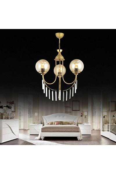 SONSUZ AYDINLATMA&AVİZE Antique Waterfall Triple Honey Ball Glass Luxury Upward Facing Crystal Stone Chandelier