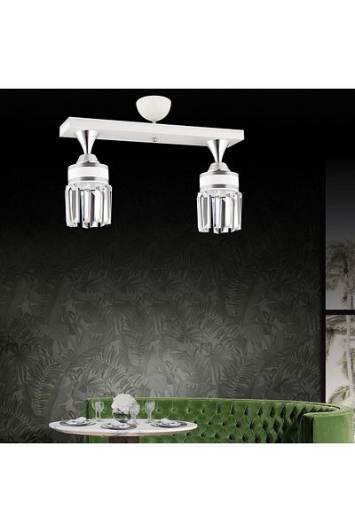 SONSUZ AYDINLATMA&AVİZE Tokyo 2-Piece White Row Plafonier Crystal Stone Chrome Striped Cylinder Downward Facing Luxury Chandelier