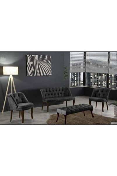 ElizzanMobilya Antrasit Çay Seti Berjer Koltuk Takımı 2+1+1 Koltuk Ve Bench Bank