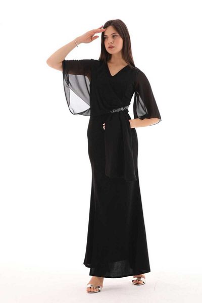 CİXAPLE Glittered Chiffon Evening Dress with Stone Detail