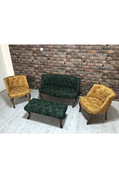 ElizzanMobilya Yeşil Ve Sarı Çay Seti Berjer Koltuk Takımı 2+1+1 Koltuk ve Be...