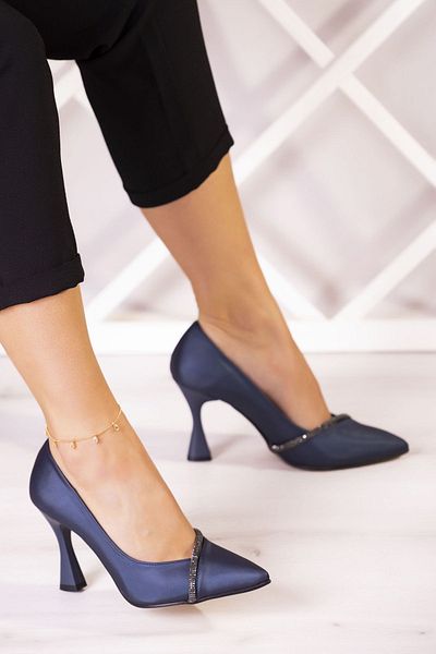 Erkan Saçmacı Roland Navy Blue Satin Stone Goblet Heeled Stiletto 9 Cm