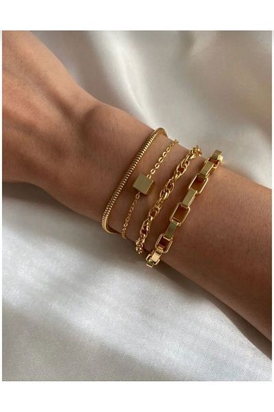 Budakoğulları Special Design 14 Carat Gold Plated 4 Piece Women's Bracelet Set