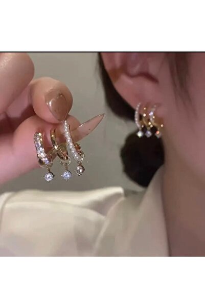 AychaAksesuar Çelik Tek Delik Çoklu Görünüm Incili Sarkıt Taşlı Altın Renk Küpe