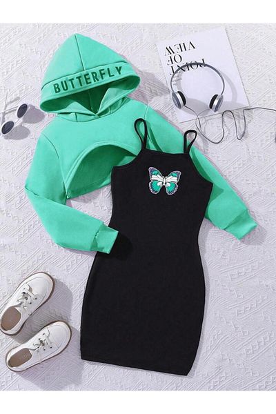 Machetta Butterfly Printed Dress and Crop Sweatshirt 2-Piece Combination for Kids
