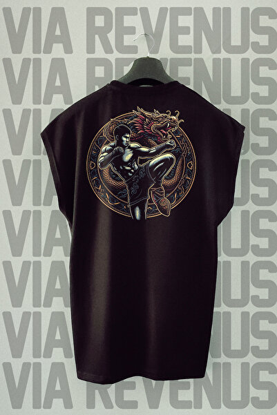 Vordevia Tricou sport Muay Thai Dragon negru - imprimat pe spate, mânecă zero